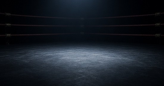 An empty unbranded boxing canvas under a single inspection light