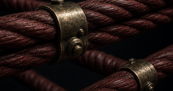 Close view of oxblood rope and aged brass corner fittings