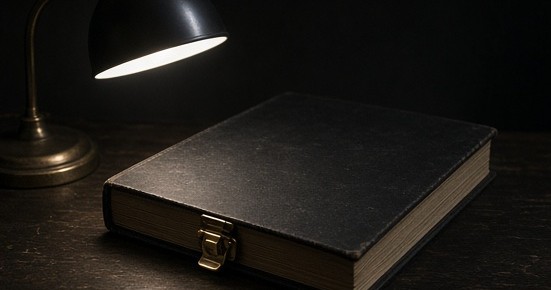 A closed unmarked equipment ledger under a quiet task light