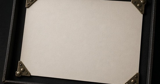 A blank purpose card held by brass corners