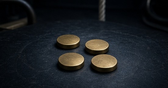 Four blank brass tokens arranged on dark cloth