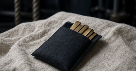 A small linen sleeve with unmarked index tabs