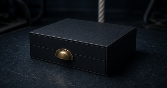 A closed shallow drawer containing blank reel sleeves